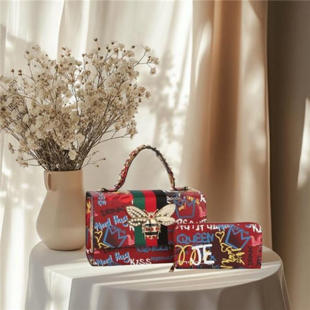 Large Bold Graffiti Print Handbag & Wallet Set With Bee Detail